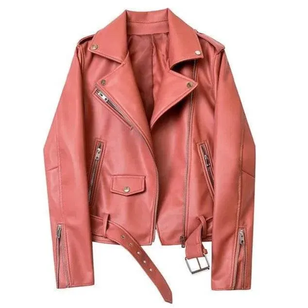 Womens Motorcycle Jackets Pu Leather Detachable Belt